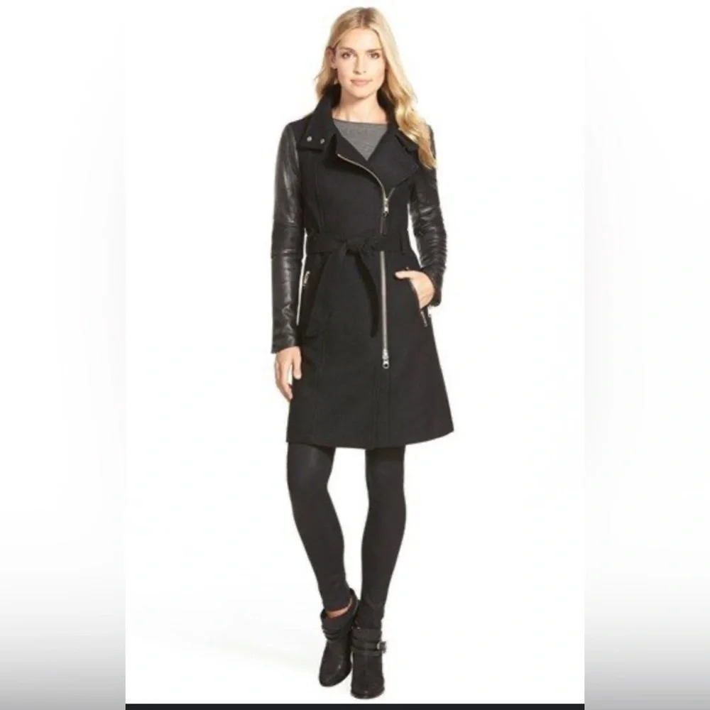 Mackage Dale Black Trench Coat with Leather Sleeves - Picture 1 of 16